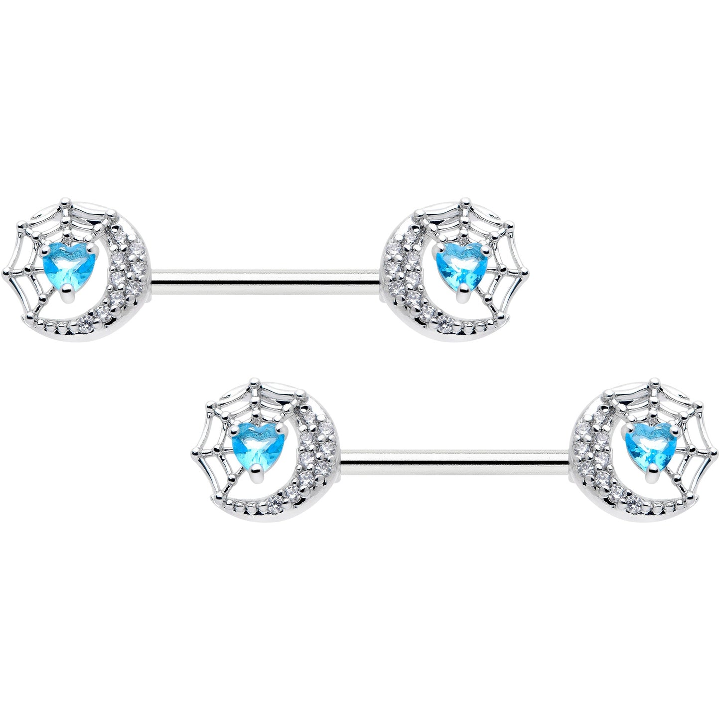 14G 9/16 Blue CZ Gem Heart Web Moon Barbell Nipple Ring Set