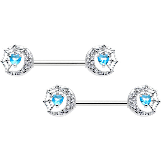 14G 9/16 Blue CZ Gem Heart Web Moon Barbell Nipple Ring Set