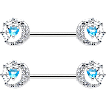 14G 9/16 Blue CZ Gem Heart Web Moon Barbell Nipple Ring Set