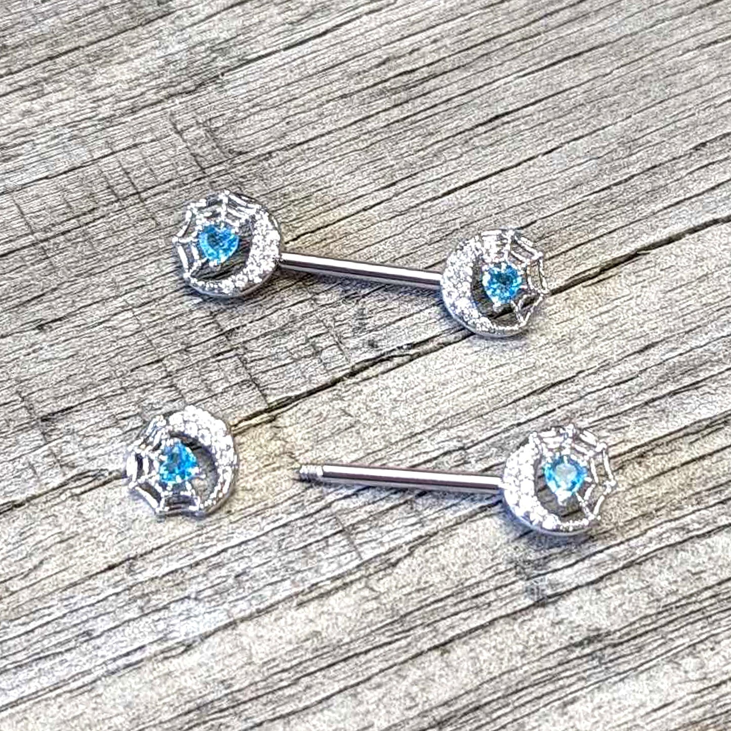 14G 9/16 Blue CZ Gem Heart Web Moon Barbell Nipple Ring Set
