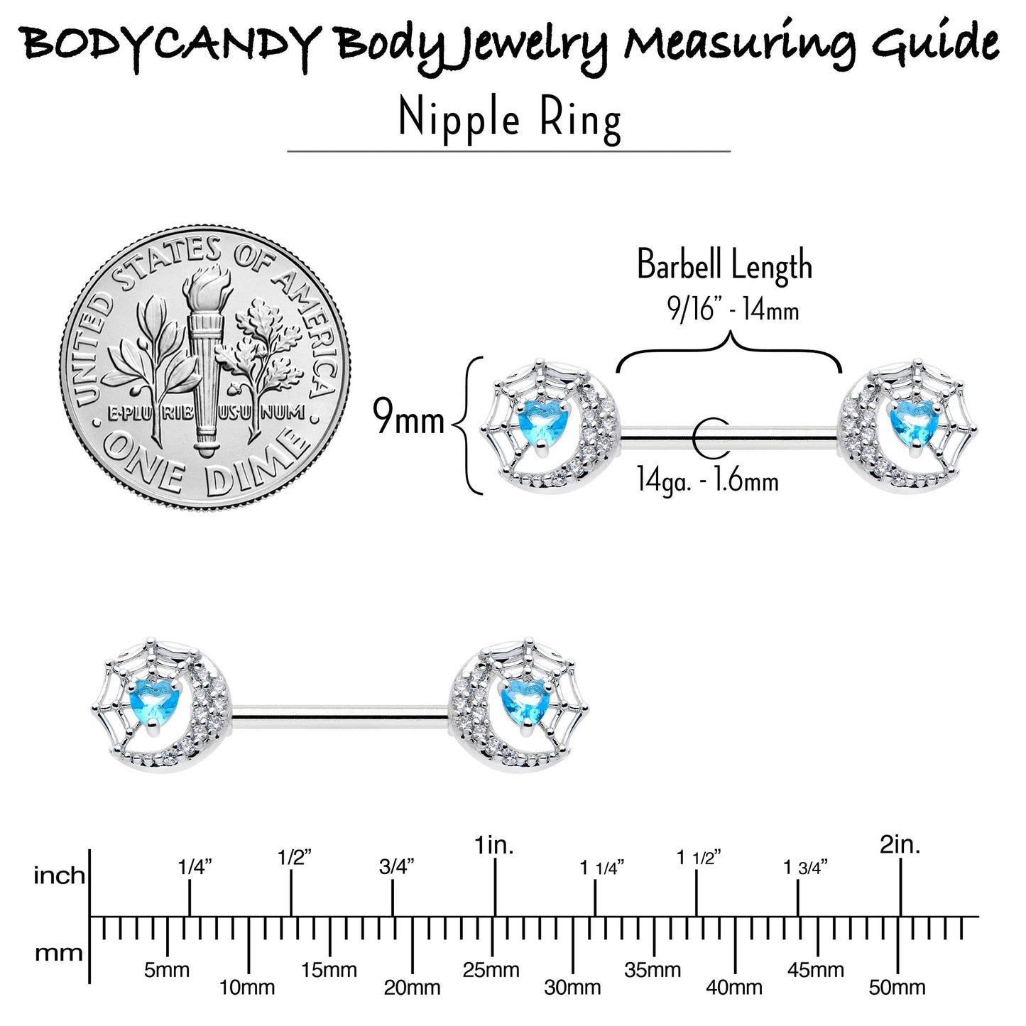 14G 9/16 Blue CZ Gem Heart Web Moon Barbell Nipple Ring Set