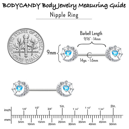 14G 9/16 Blue CZ Gem Heart Web Moon Barbell Nipple Ring Set
