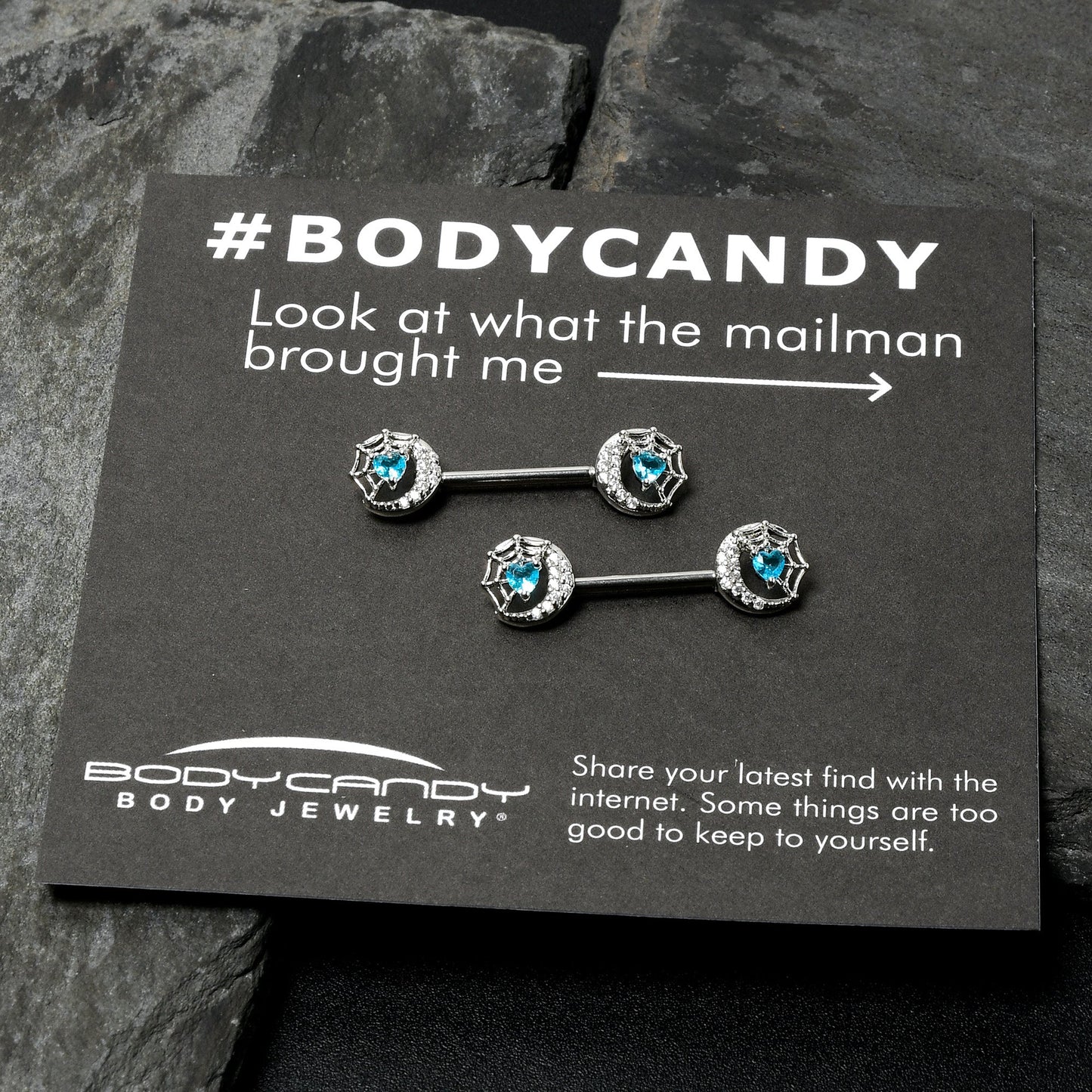 14G 9/16 Blue CZ Gem Heart Web Moon Barbell Nipple Ring Set