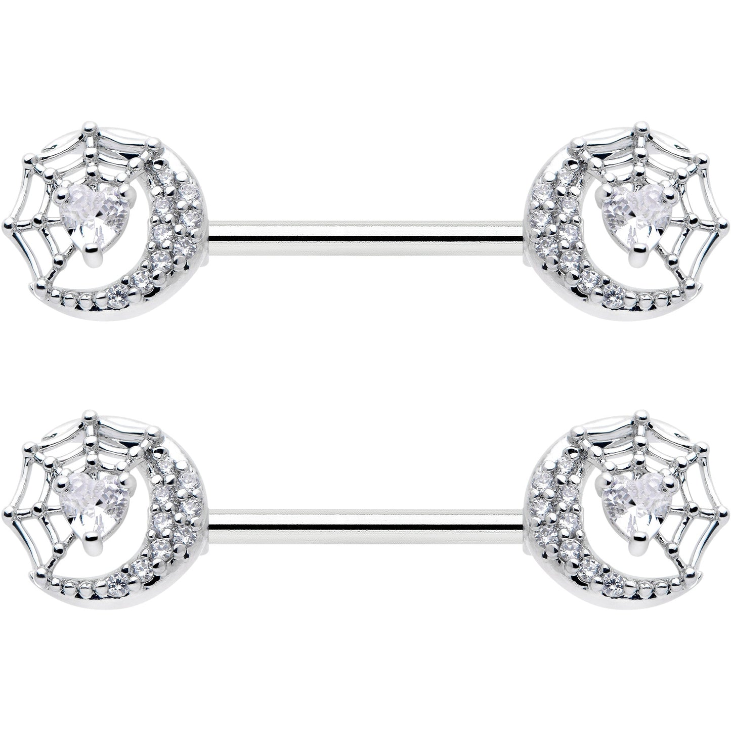 14G 9/16 Clear CZ Gem Heart Web Moon Barbell Nipple Ring Set