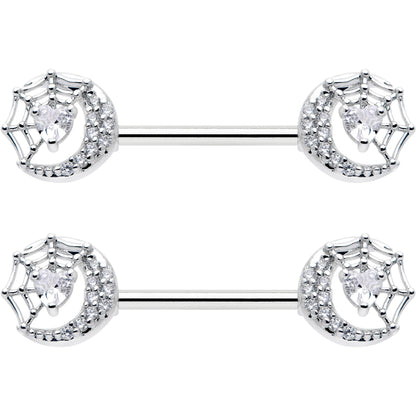 14G 9/16 Clear CZ Gem Heart Web Moon Barbell Nipple Ring Set