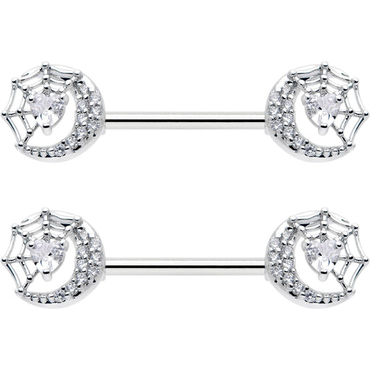 14G 9/16 Clear CZ Gem Heart Web Moon Barbell Nipple Ring Set