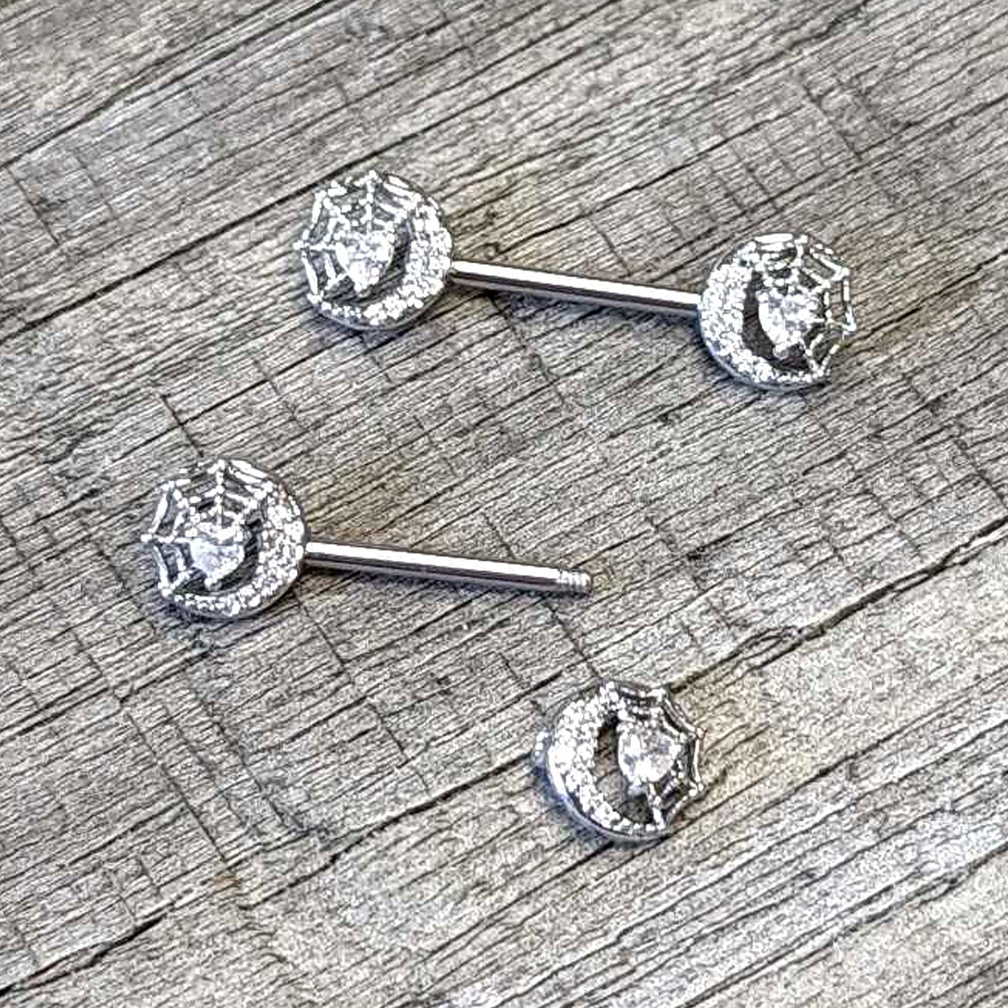 14G 9/16 Clear CZ Gem Heart Web Moon Barbell Nipple Ring Set