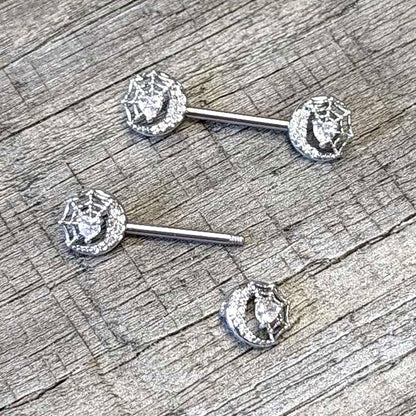14G 9/16 Clear CZ Gem Heart Web Moon Barbell Nipple Ring Set