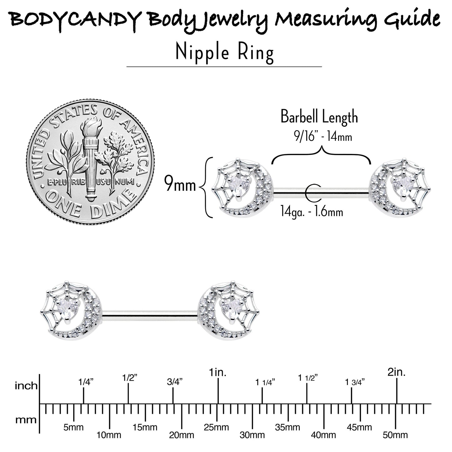 14G 9/16 Clear CZ Gem Heart Web Moon Barbell Nipple Ring Set