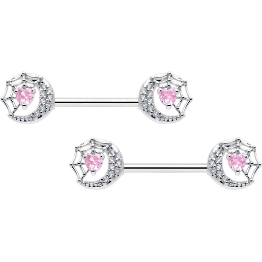 14G 9/16 Pink CZ Gem Heart Web Moon Barbell Nipple Ring Set