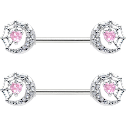 14G 9/16 Pink CZ Gem Heart Web Moon Barbell Nipple Ring Set