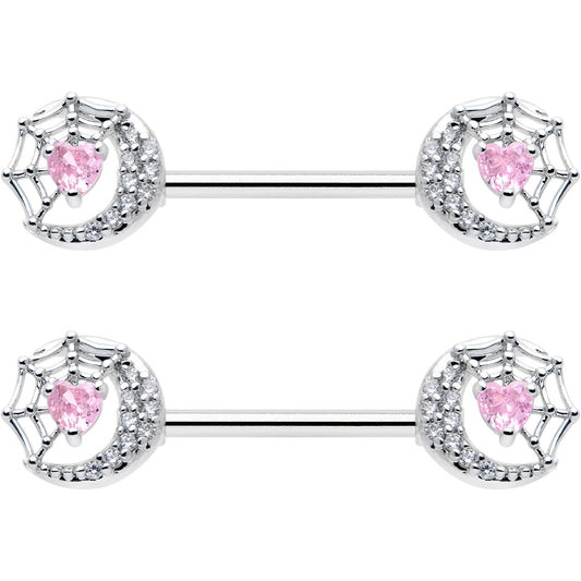 14G 9/16 Pink CZ Gem Heart Web Moon Barbell Nipple Ring Set
