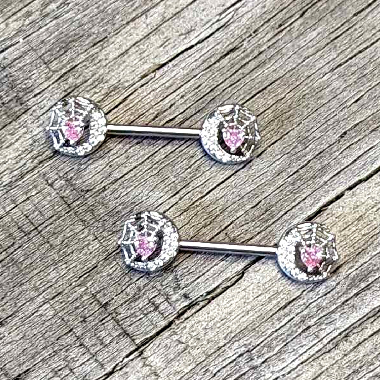14G 9/16 Pink CZ Gem Heart Web Moon Barbell Nipple Ring Set