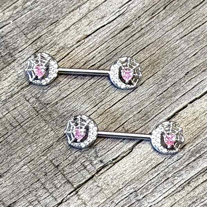 14G 9/16 Pink CZ Gem Heart Web Moon Barbell Nipple Ring Set