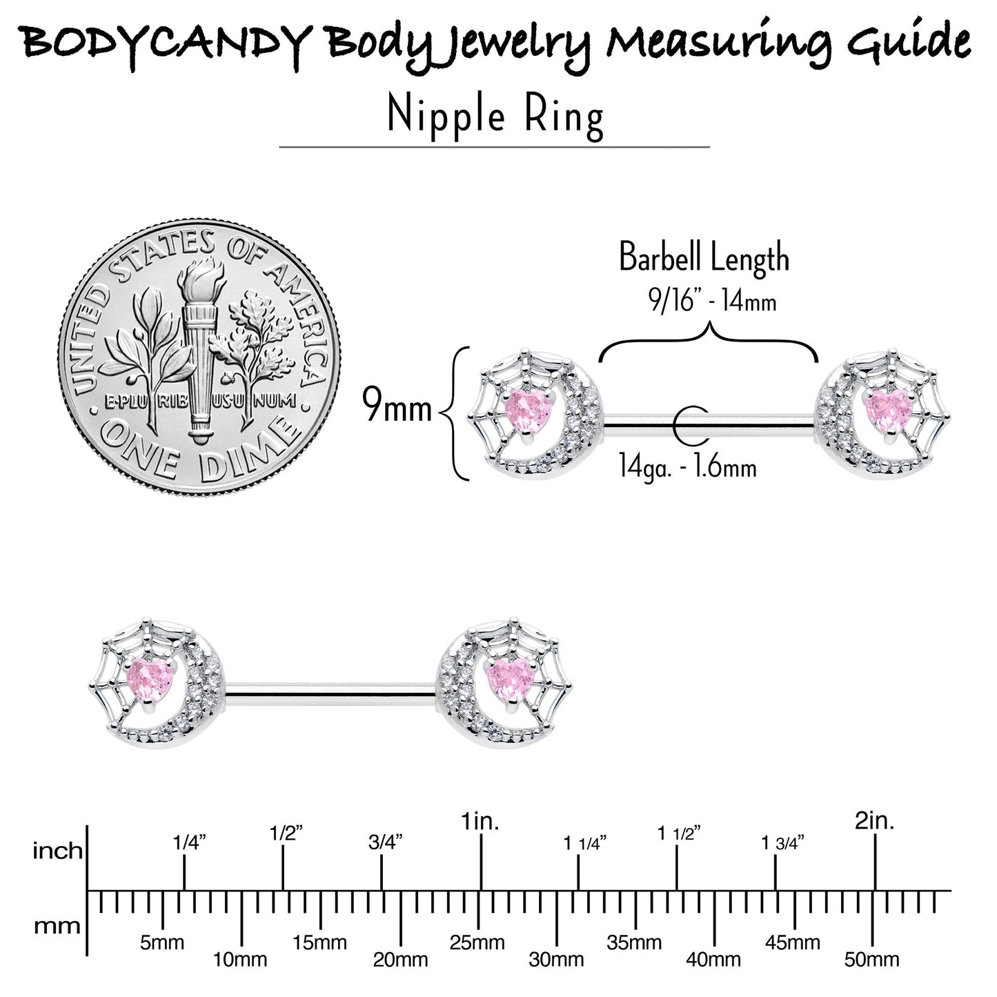14G 9/16 Pink CZ Gem Heart Web Moon Barbell Nipple Ring Set