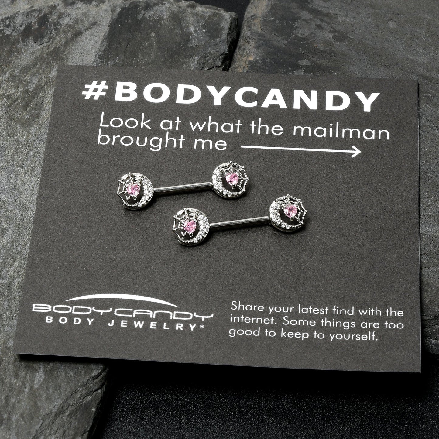 14G 9/16 Pink CZ Gem Heart Web Moon Barbell Nipple Ring Set