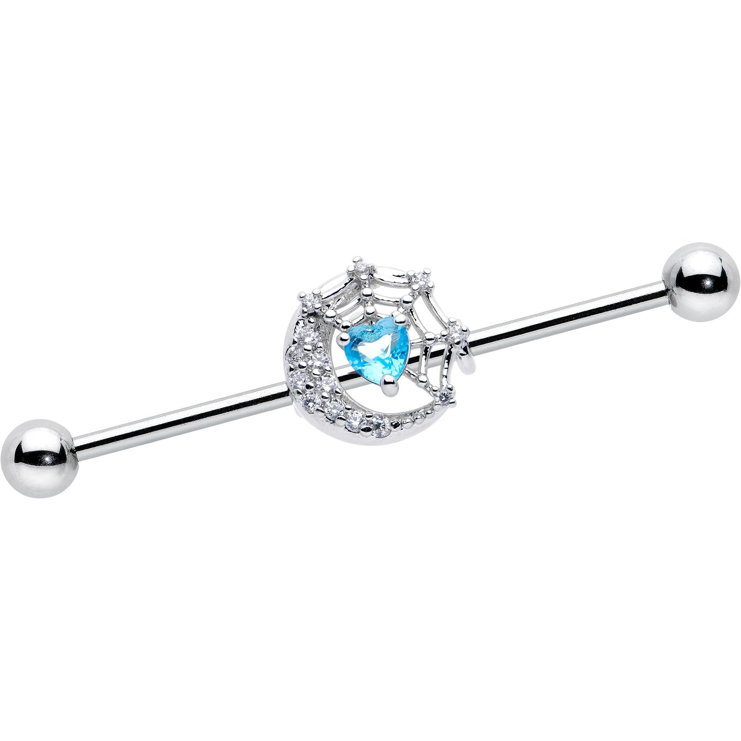 14G Blue CZ Gem Heart Web Moon Industrial Barbell 38mm