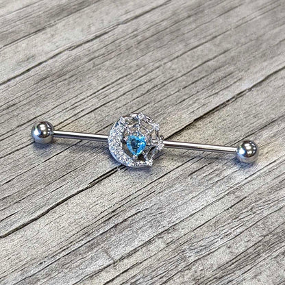 14G Blue CZ Gem Heart Web Moon Industrial Barbell 38mm
