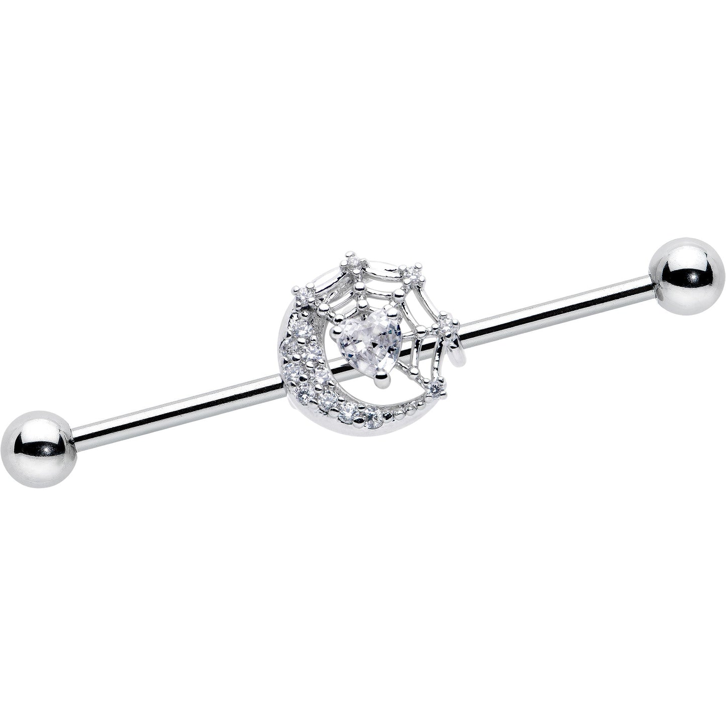 14G Clear CZ Gem Heart Web Moon Industrial Barbell 38mm