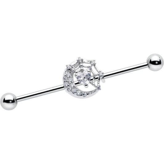 14G Clear CZ Gem Heart Web Moon Industrial Barbell 38mm