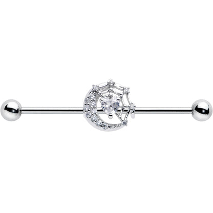 14G Clear CZ Gem Heart Web Moon Industrial Barbell 38mm