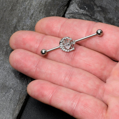 14G Clear CZ Gem Heart Web Moon Industrial Barbell 38mm