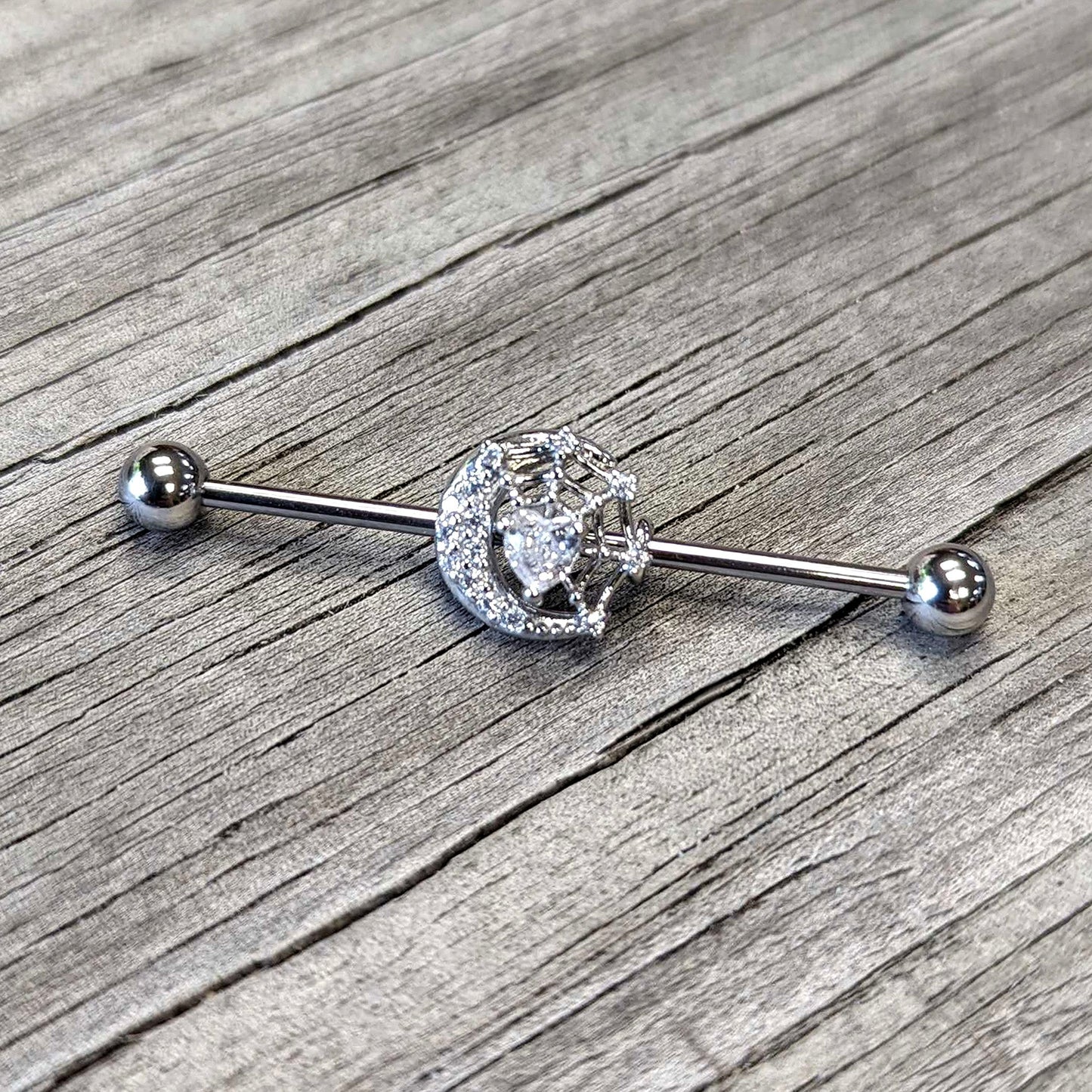 14G Clear CZ Gem Heart Web Moon Industrial Barbell 38mm