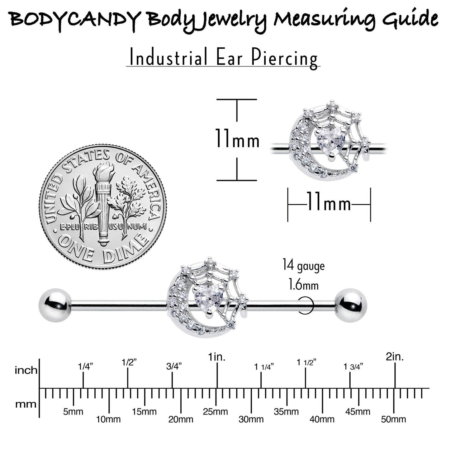 14G Clear CZ Gem Heart Web Moon Industrial Barbell 38mm