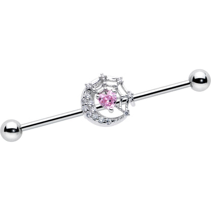 14G Pink CZ Gem Heart Web Moon Industrial Barbell 38mm