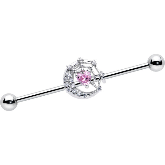 14G Pink CZ Gem Heart Web Moon Industrial Barbell 38mm