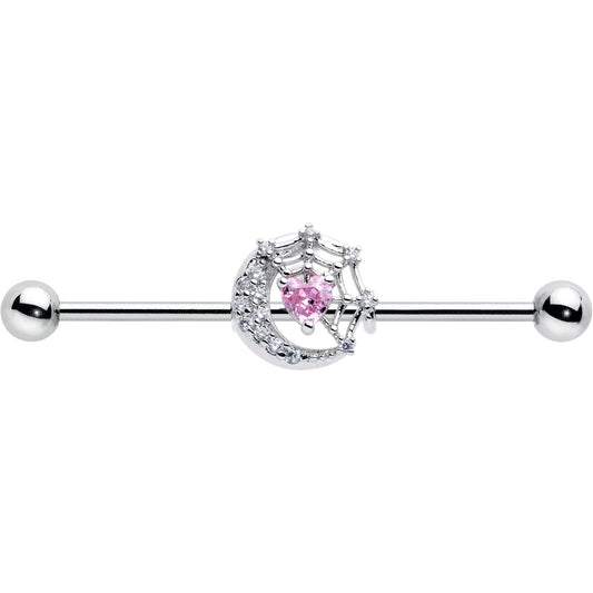 14G Pink CZ Gem Heart Web Moon Industrial Barbell 38mm