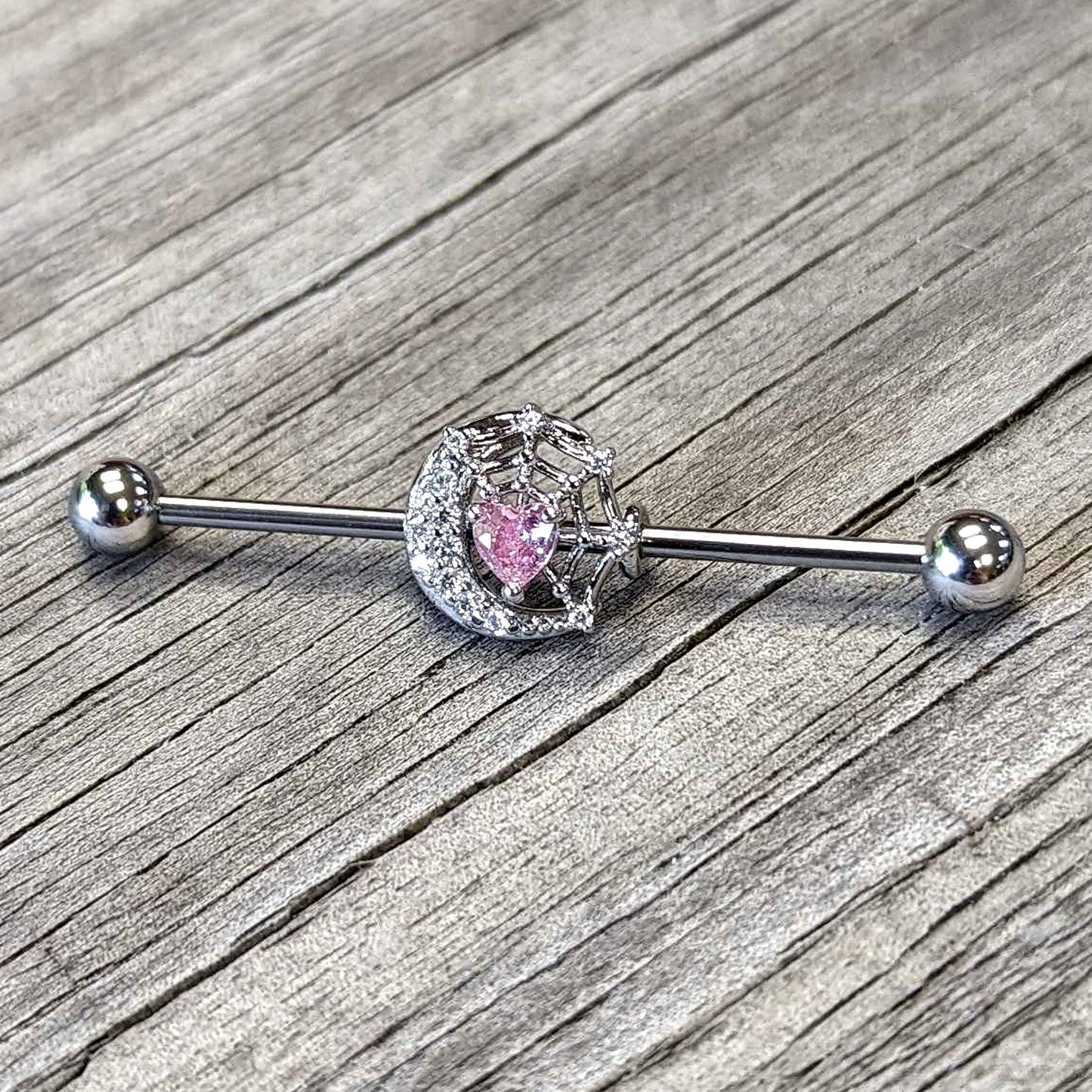 14G Pink CZ Gem Heart Web Moon Industrial Barbell 38mm