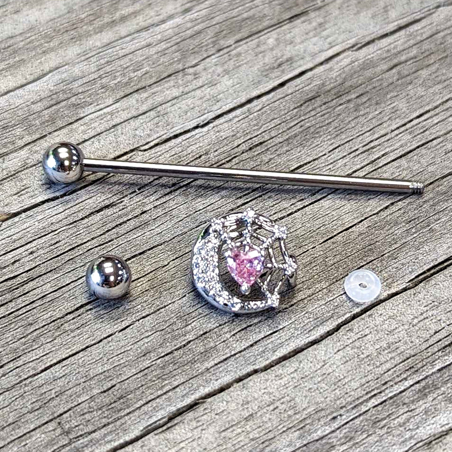 14G Pink CZ Gem Heart Web Moon Industrial Barbell 38mm