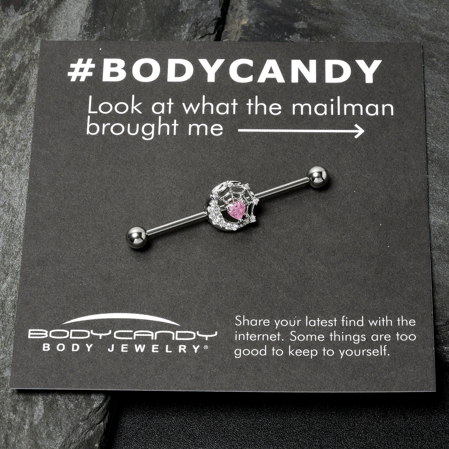 14G Pink CZ Gem Heart Web Moon Industrial Barbell 38mm