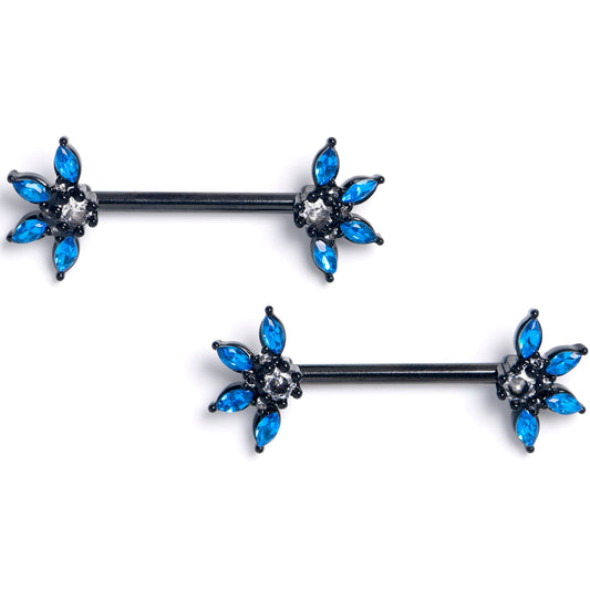 14G 9/16 Blue Clear Gem Black Goth Flower Barbell Nipple Ring Set