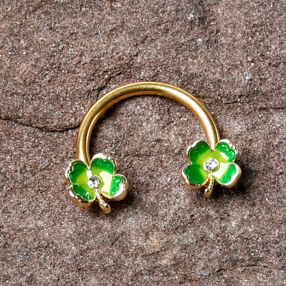 16G 3/8 Clear Gem Gold Hue Lucky Shamrock Horseshoe Circular Barbell