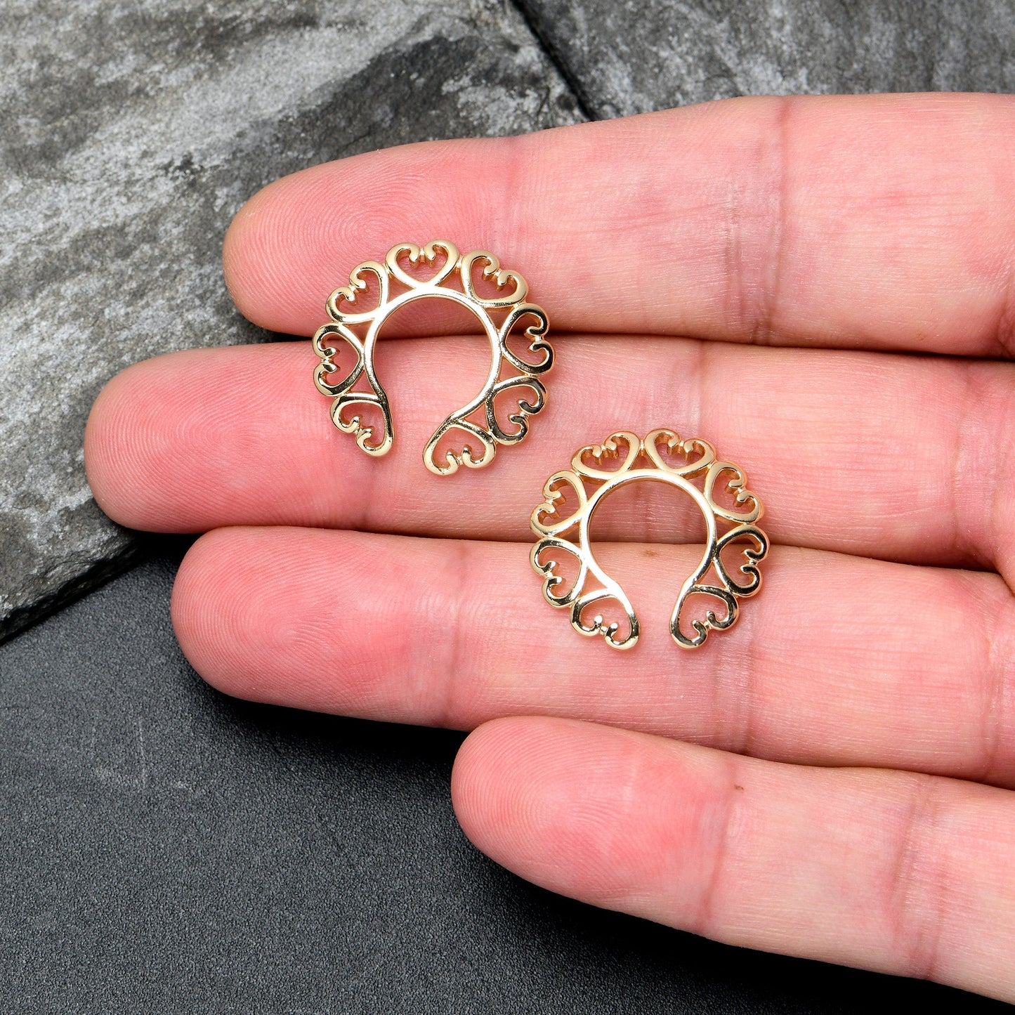 Gold Tone Filigree Hearts Clip On Fake Nipple Ring Set