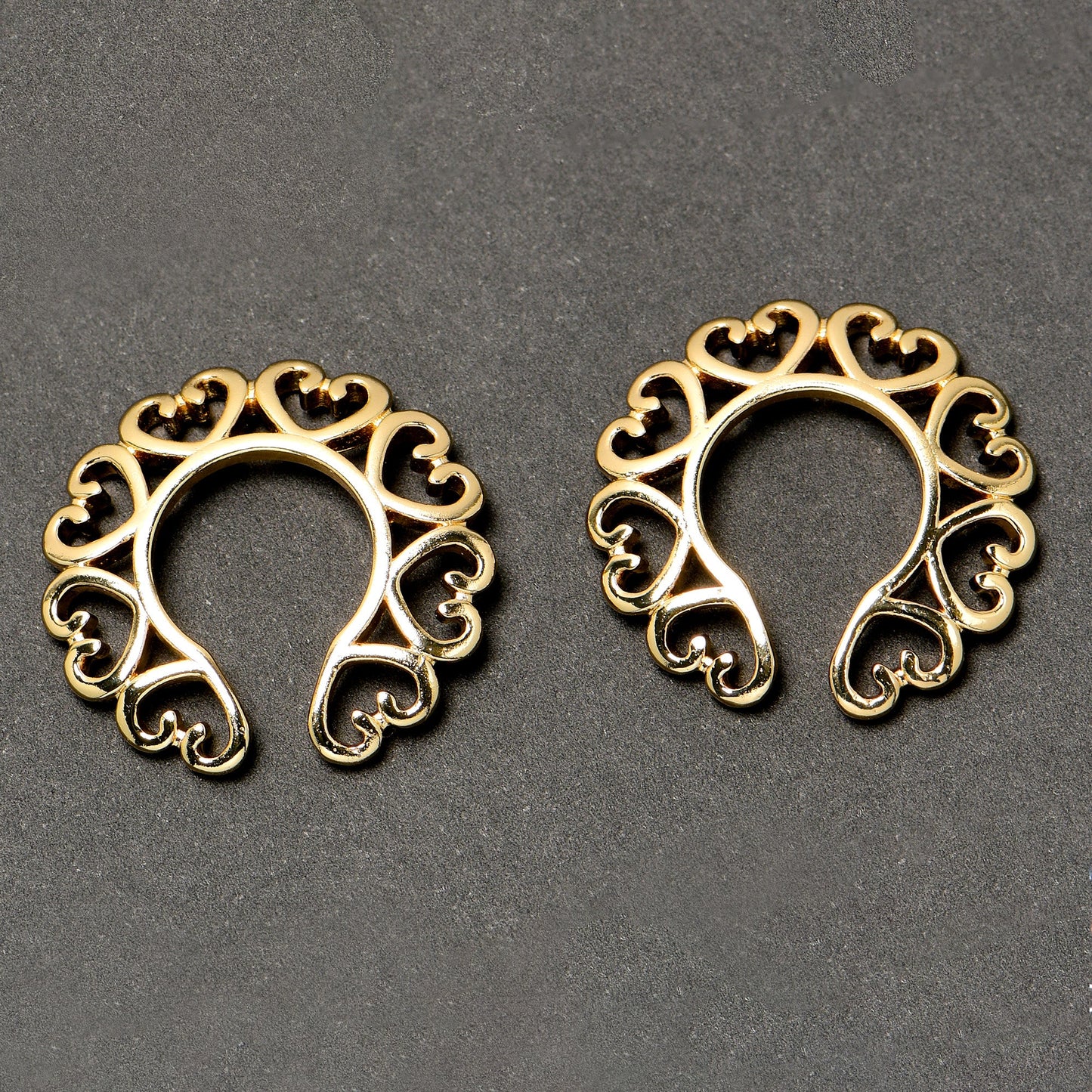 Gold Tone Filigree Hearts Clip On Fake Nipple Ring Set