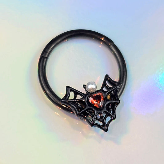 16G 3/8 Red Gem Black Gothic Bat Heart Hinged Segment Ring
