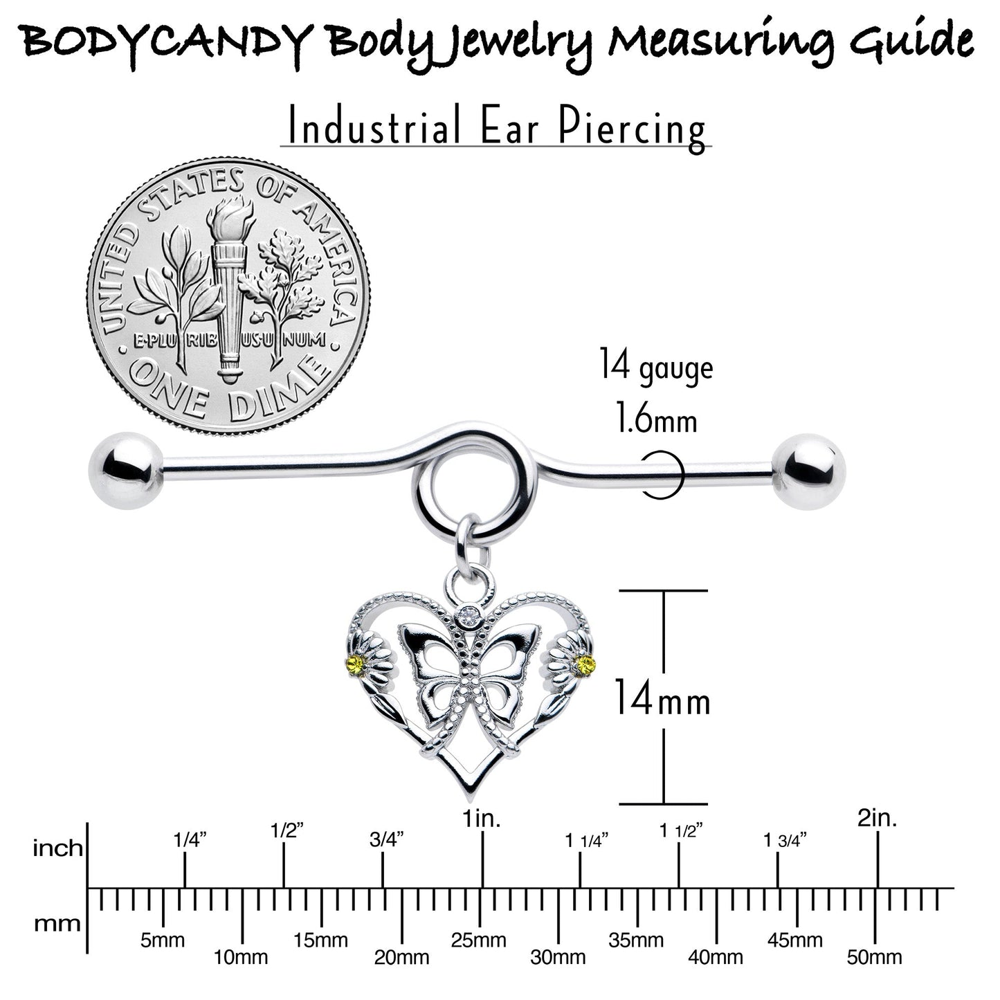 14G Yellow CZ Gem Heart Flower Butterfly Project Bar 38mm