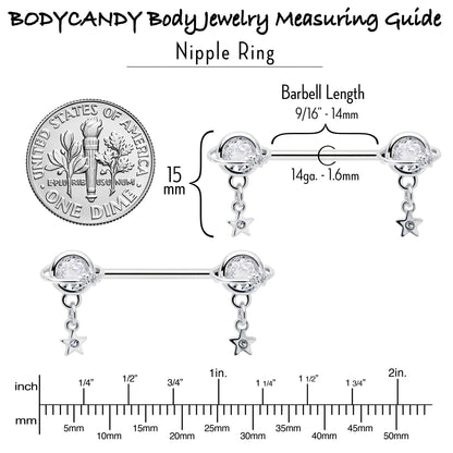 14G 9/16 Clear CZ Gem Starry Saturn Dangle Nipple Ring Set