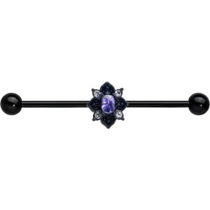 14G Purple Gem Black Scrolling Hearts Industrial Barbell 38mm