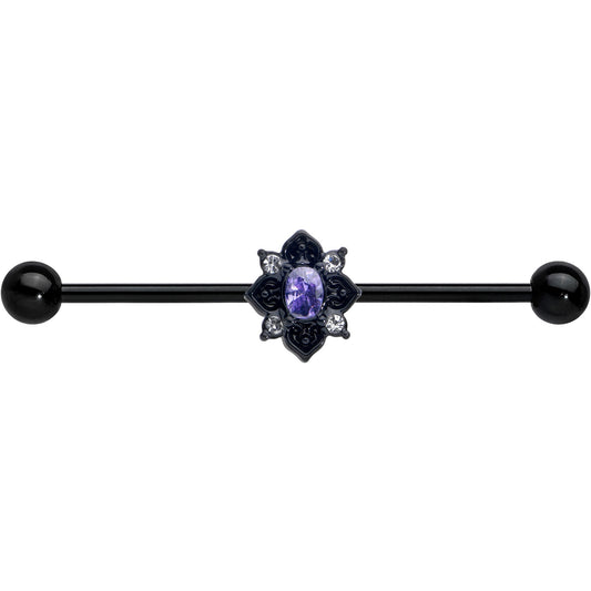 14G Purple Gem Black Scrolling Hearts Industrial Barbell 38mm