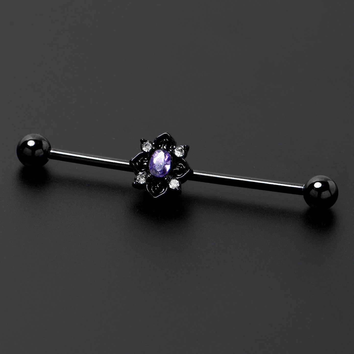 14G Purple Gem Black Scrolling Hearts Industrial Barbell 38mm