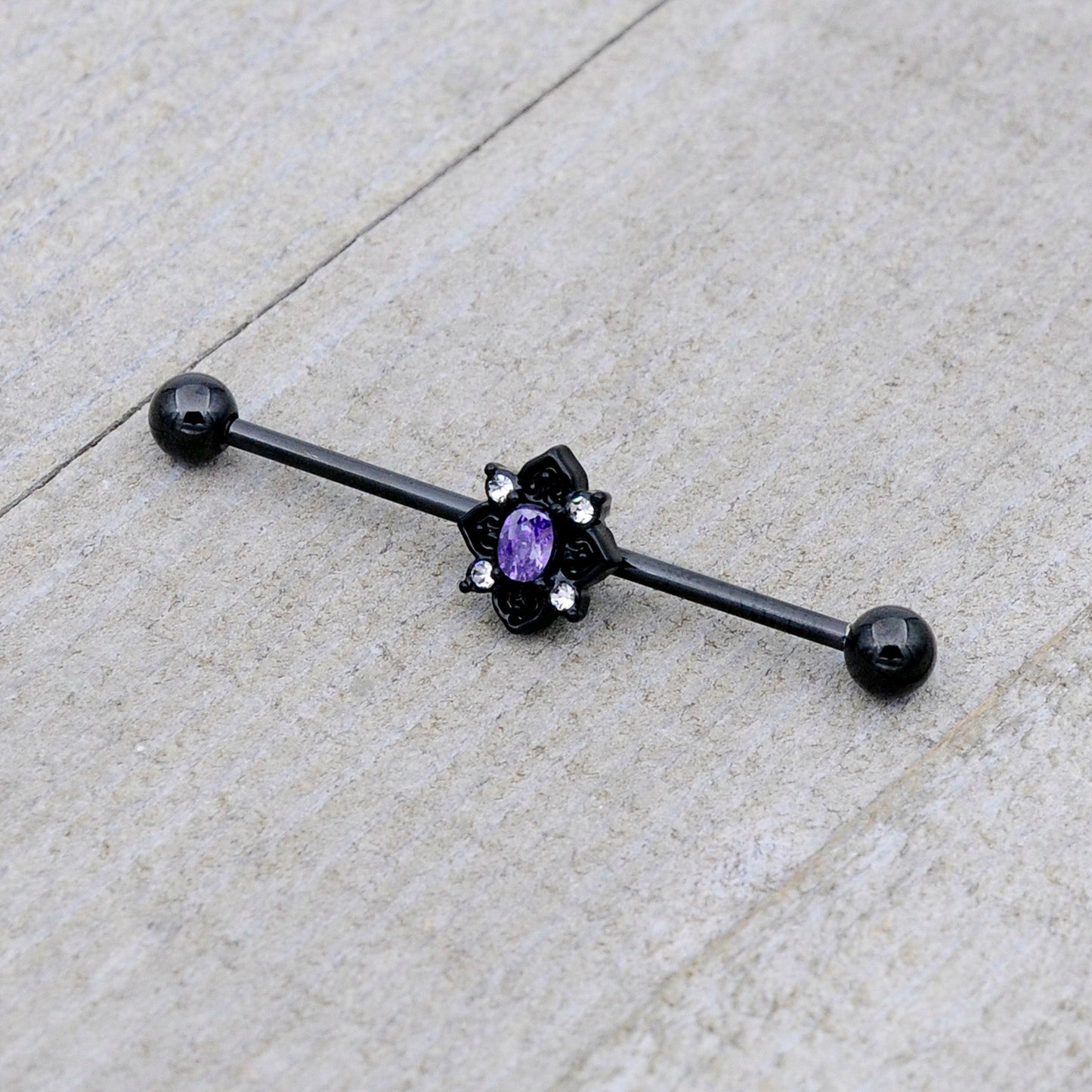14G Purple Gem Black Scrolling Hearts Industrial Barbell 38mm