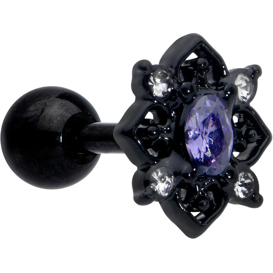 16G 1/4 Purple Gem Black Scrolling Hearts Cartilage Tragus Earring