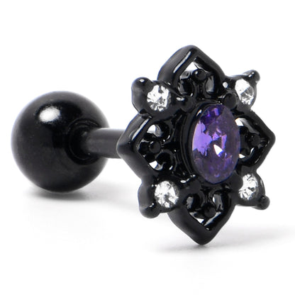 16G 1/4 Purple Gem Black Scrolling Hearts Cartilage Tragus Earring