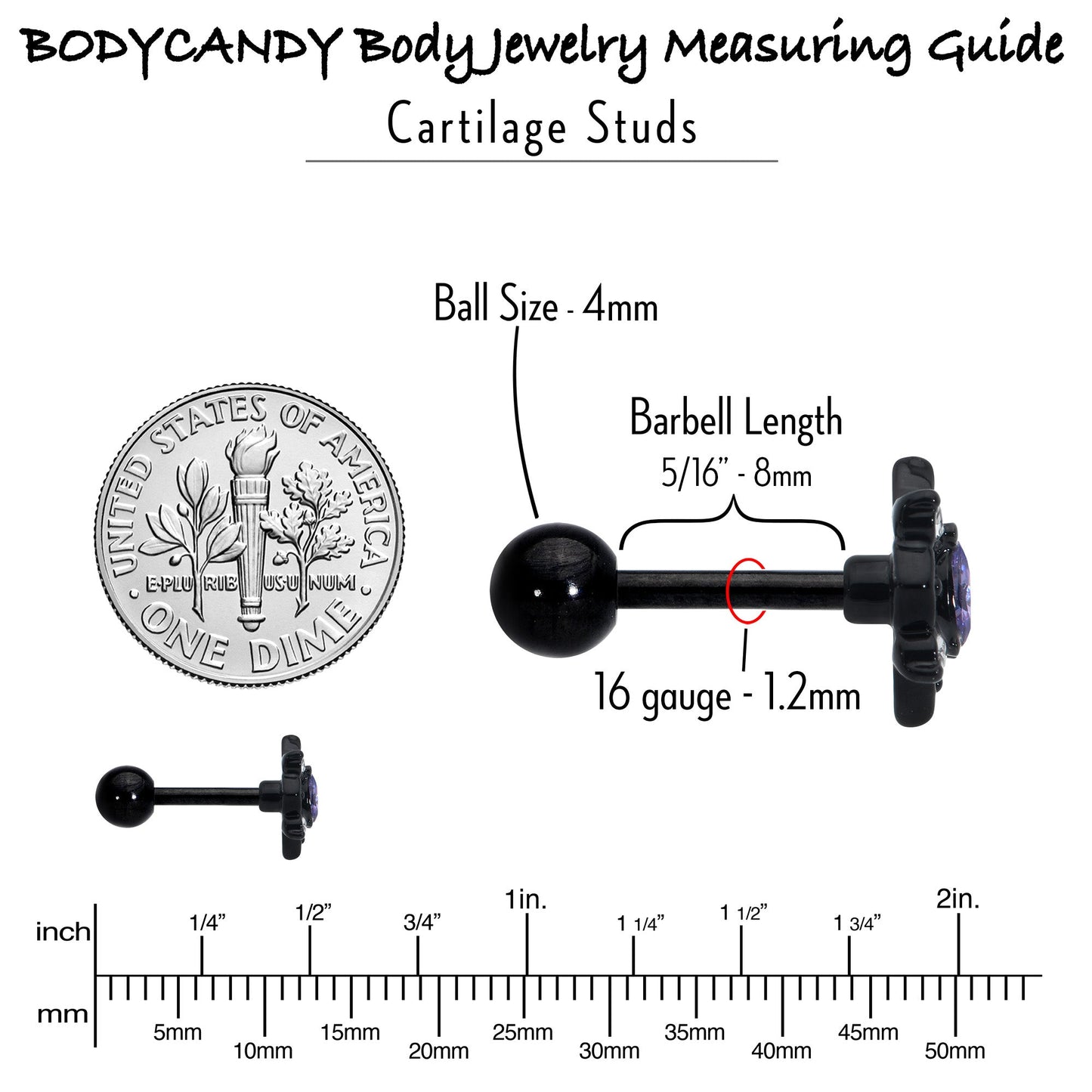 16G 1/4 Purple Gem Black Scrolling Hearts Cartilage Tragus Earring