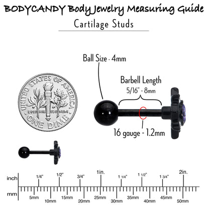 16G 1/4 Purple Gem Black Scrolling Hearts Cartilage Tragus Earring