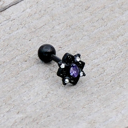 16G 1/4 Purple Gem Black Scrolling Hearts Cartilage Tragus Earring